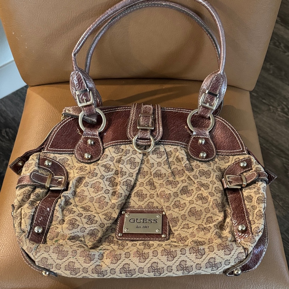 GUESS Signature Brown and Tan Shoulder Bag